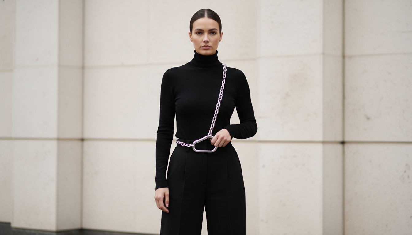 Девушка в черной водолазке и строгих брюках, с крупным карабином на длинной цепи как единственным аксессуаром. Образ подчеркивает минимализм и акцент на застежке.