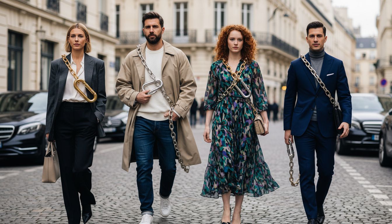 Группа людей на улицах модного города, демонстрирующих различные способы стилизации карабина-оверсайз на длинных цепях, сочетая его с повседневной и деловой одеждой.