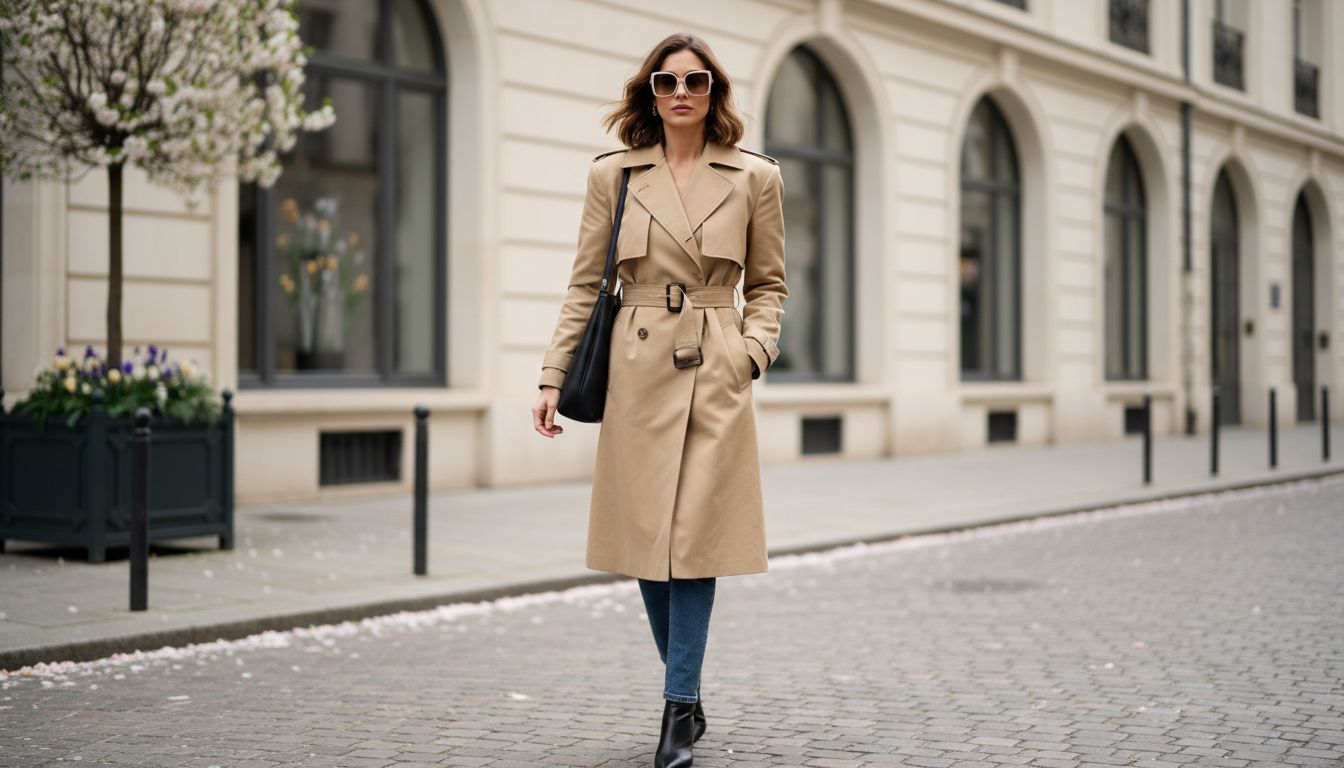 Девушка в бежевом тренче с жесткими плечами и широким поясом, идущая по улице, апрель 2026.