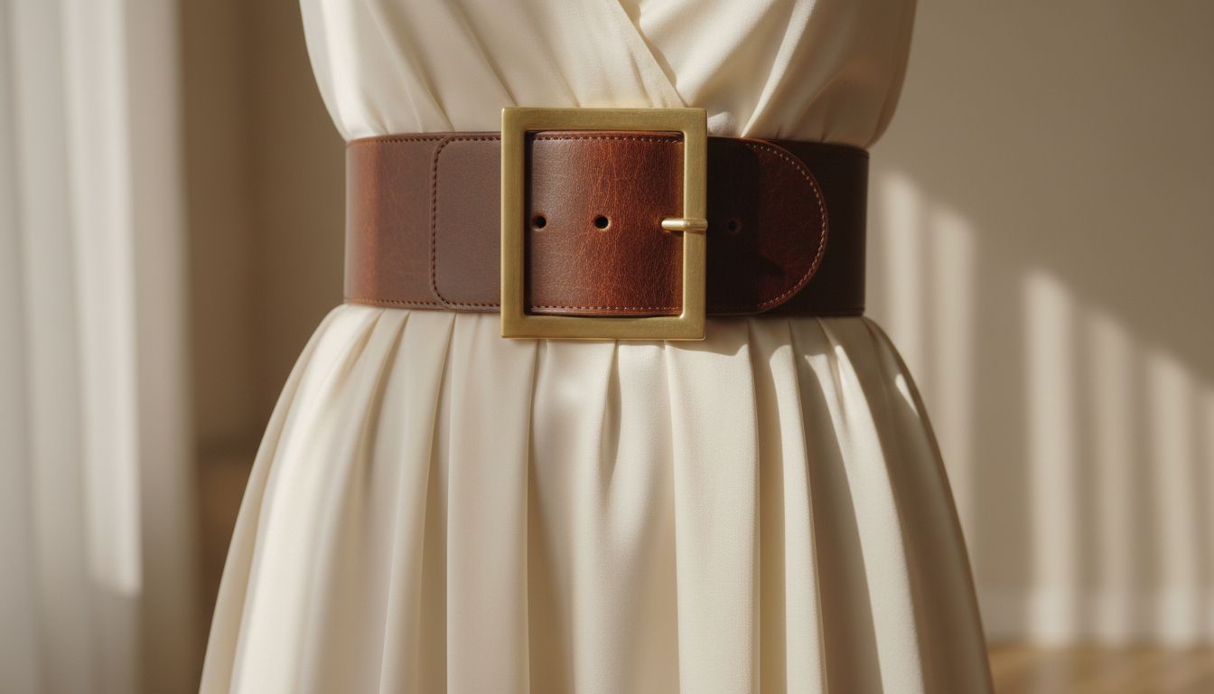 Крупный план на жесткий кожаный пояс с массивной металлической пряжкой, затягивающий талию на струящемся платье.