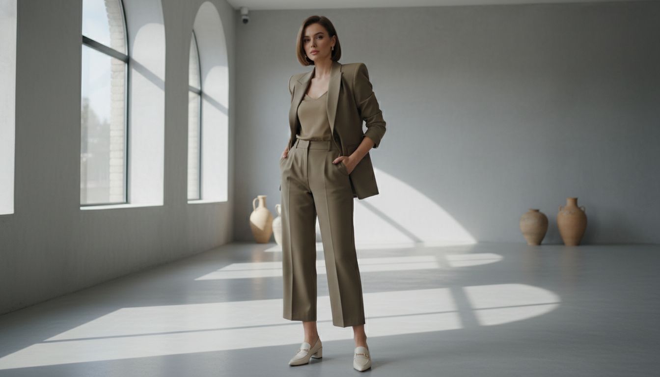 Модель в брючном костюме цвета хаки с жесткими плечами и укороченными брюками, демонстрирующая уверенную позу.