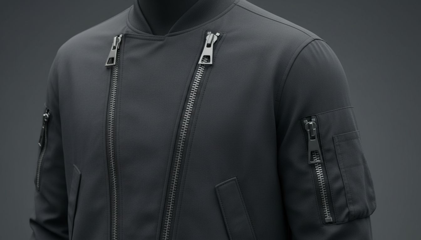 Крупные металлические молнии на темной куртке-бомбере, подчеркивающие линии кроя.