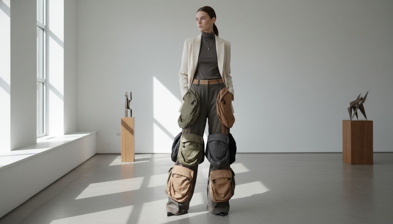 Модель в брюках-карго с гипертрофированными многослойными карманами из разных материалов.