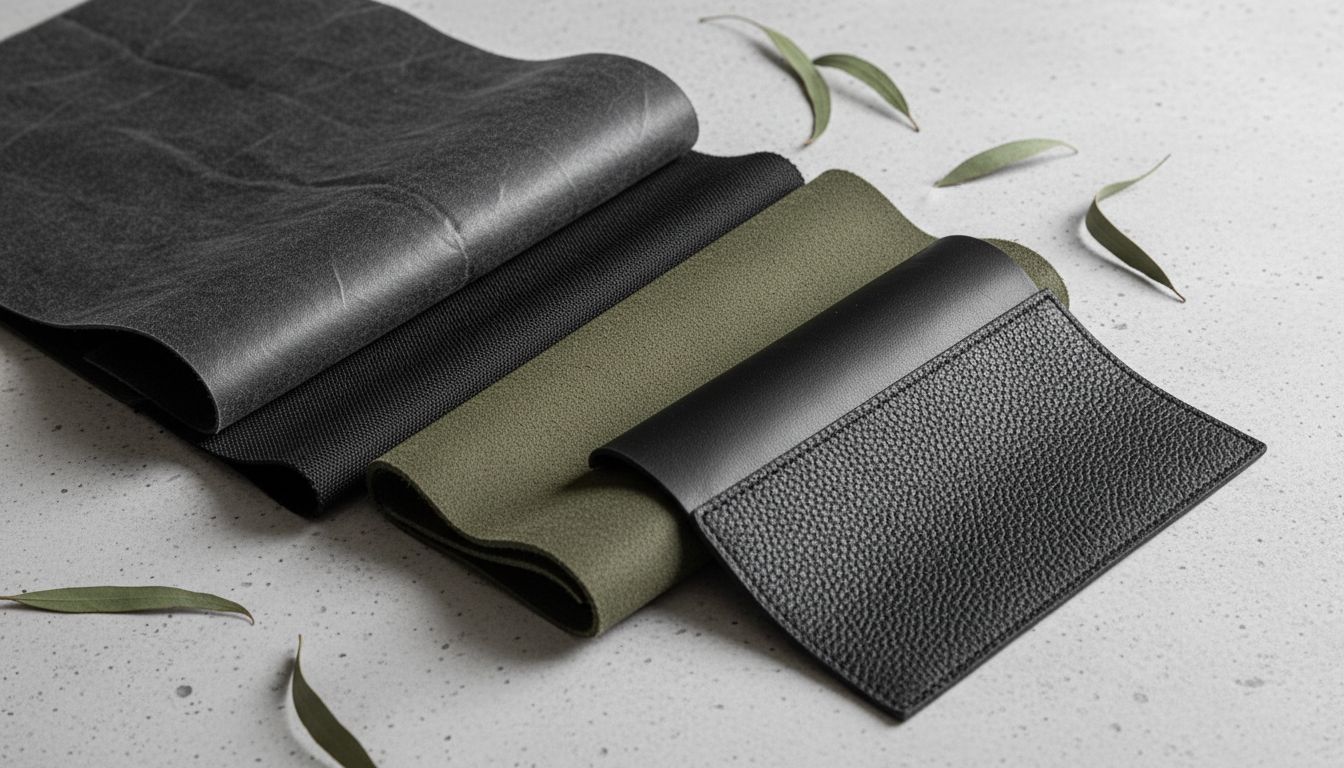 Палитра тканей и цветов: образцы вощеного хлопка, плотного нейлона и кожи в серых, оливковых и черных тонах.