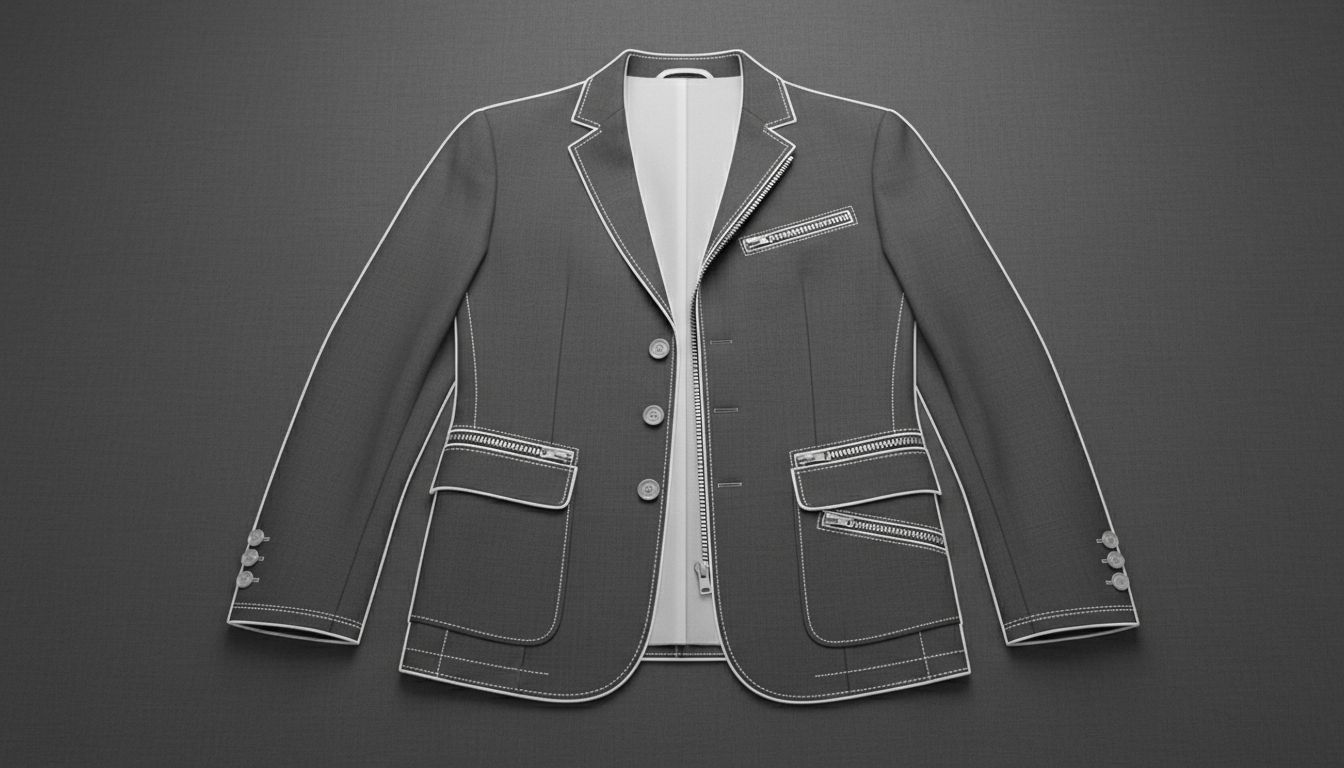 Детальный план-схема конструктивных элементов одежды с молниями и карманами.