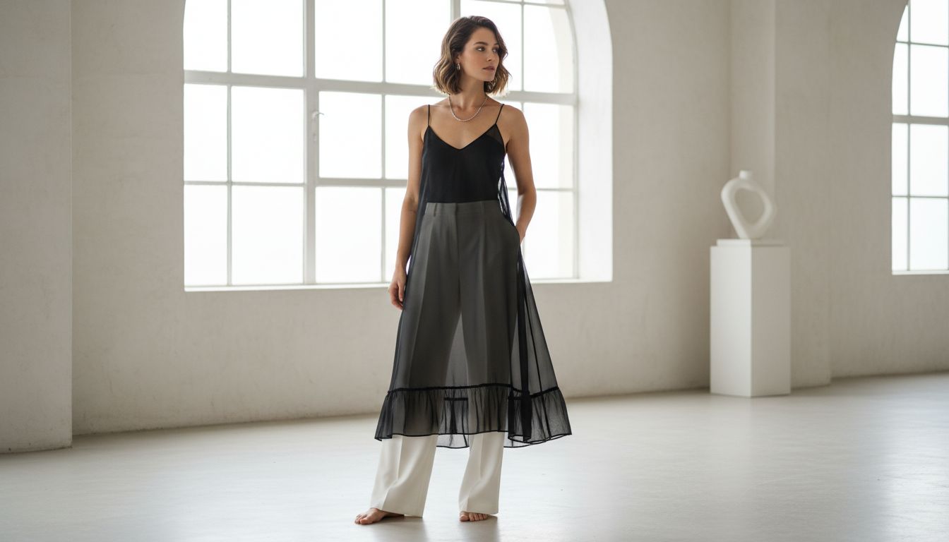 Девушка в прозрачном платье-комбинации из органзы поверх брюк палаццо