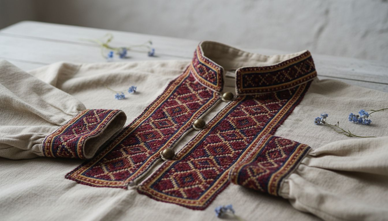 Детальное изображение старинной русской косоворотки с традиционной вышивкой на вороте и манжетах.