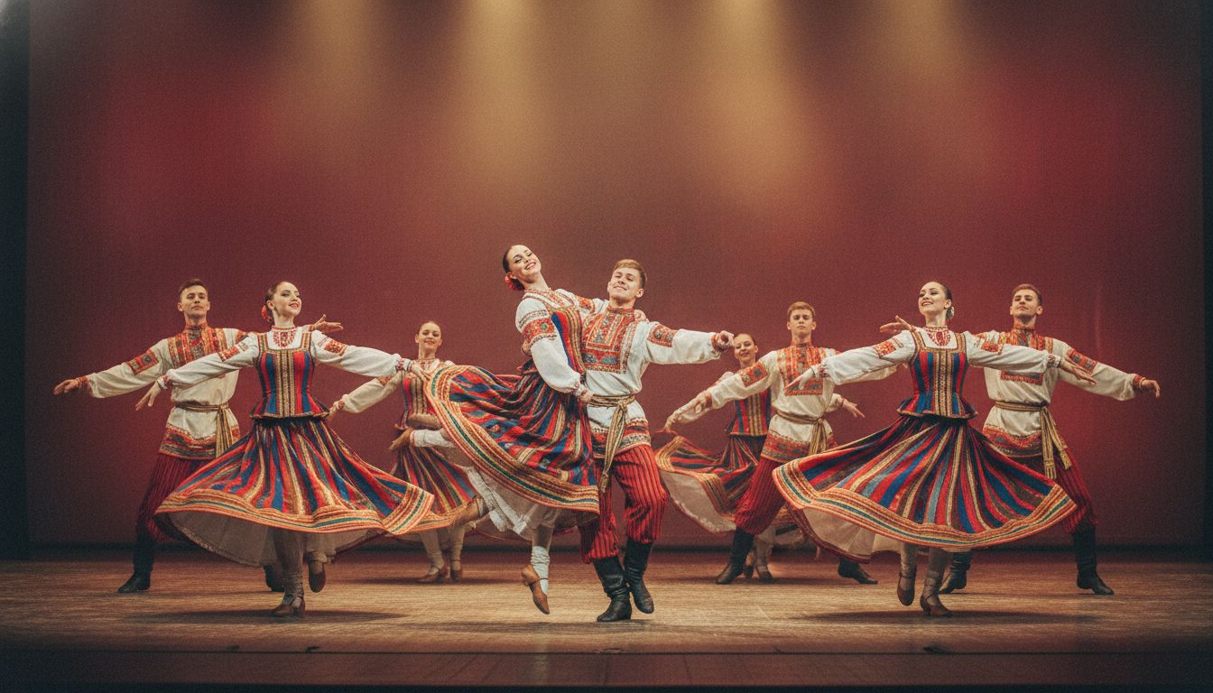 Группа советских фольклорных танцоров в ярких сценических косоворотках, выступающих на сцене.