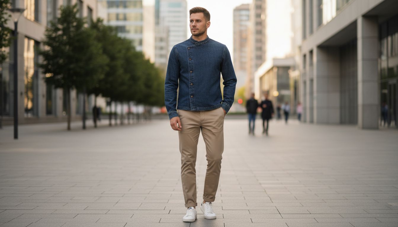Модный мужчина в современной укороченной косоворотке из денима, сочетающий ее с брюками-чинос и кроссовками в городском пейзаже.