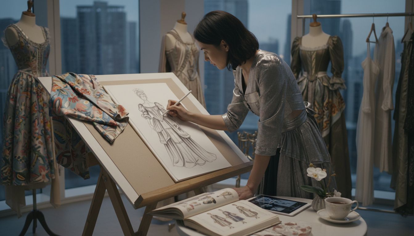 Дизайнер работает над эскизом, вдохновленным историческими костюмами, но с современными элементами.