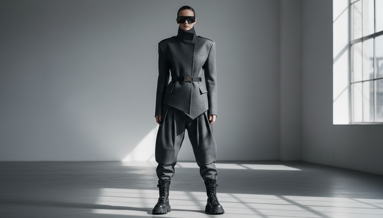 Модель в милитари-образе с жестким кроем и архитектурным силуэтом.