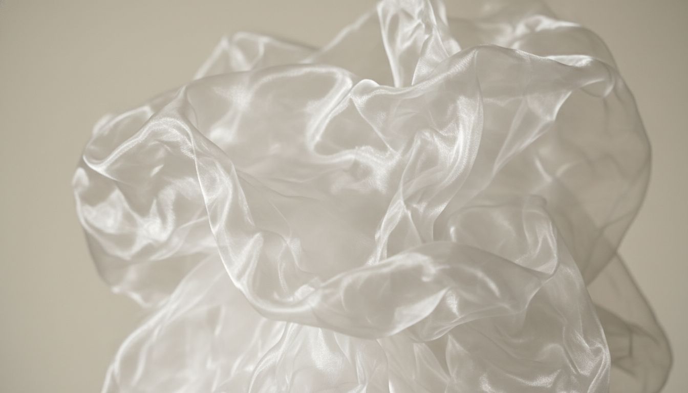Крупный план текстуры жатого технического органзы, демонстрирующий его полупрозрачность и жесткость.