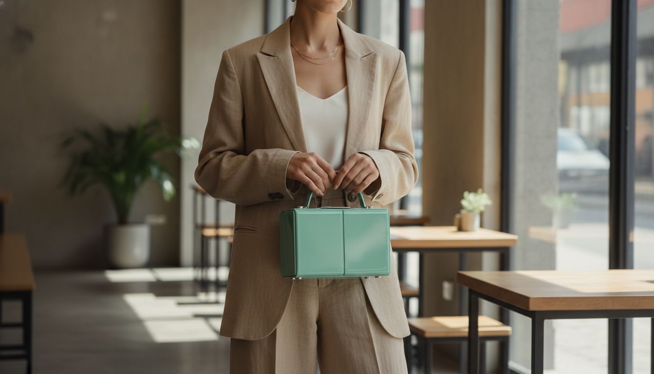Модель в легком песочном бежевом костюме, дополненном акцентной глянцевой акриловой сумкой-коробкой цвета технического мятного зеленого, демонстрирующая элегантный контраст.