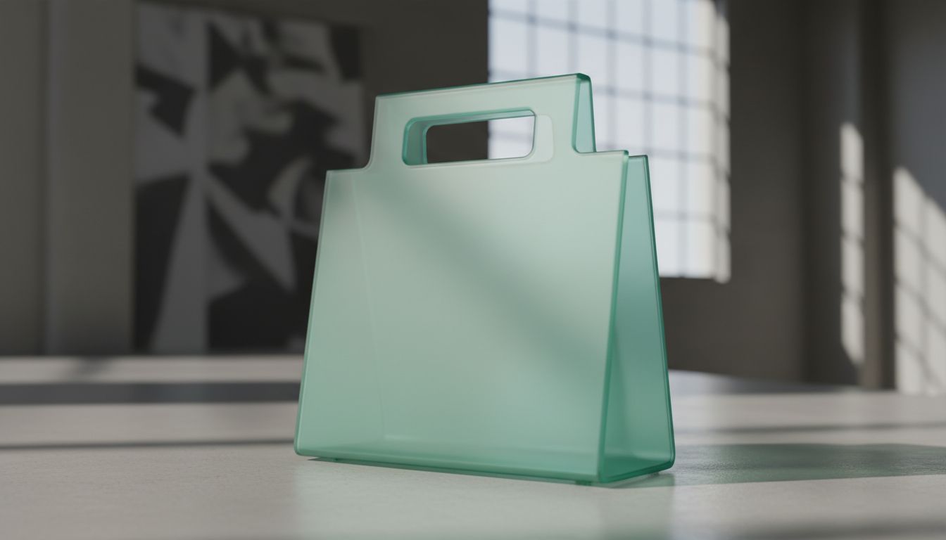 Крупный план элегантной акриловой сумки цвета технического мятного зеленого, демонстрирующий ее безупречную глянцевую поверхность и четкие, современные геометрические линии.