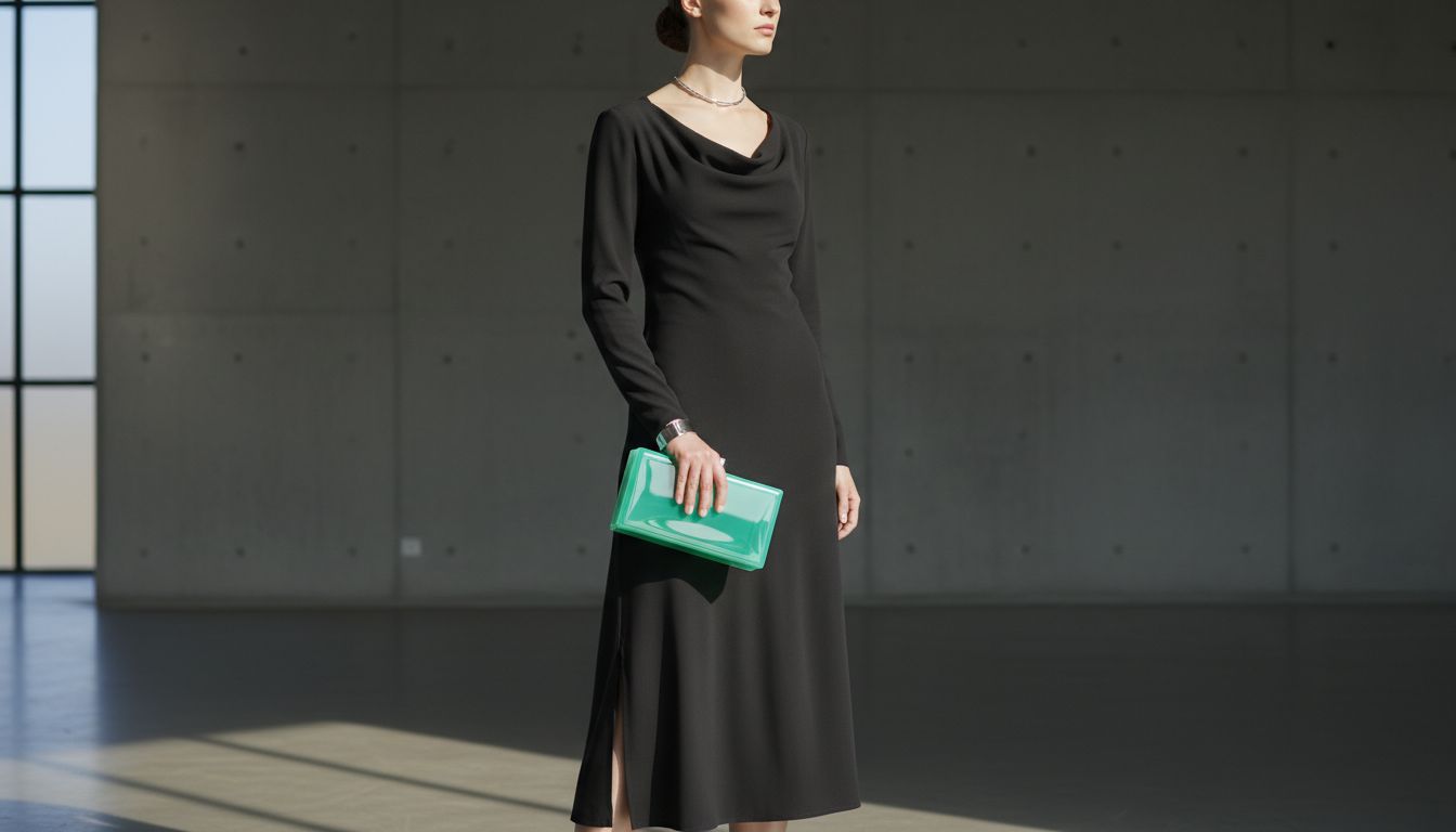 Модель в элегантном угольно-черном платье-миди, держащая в руке яркую глянцевую акриловую сумку цвета технического мятного зеленого, создающую футуристический и драматичный акцент.