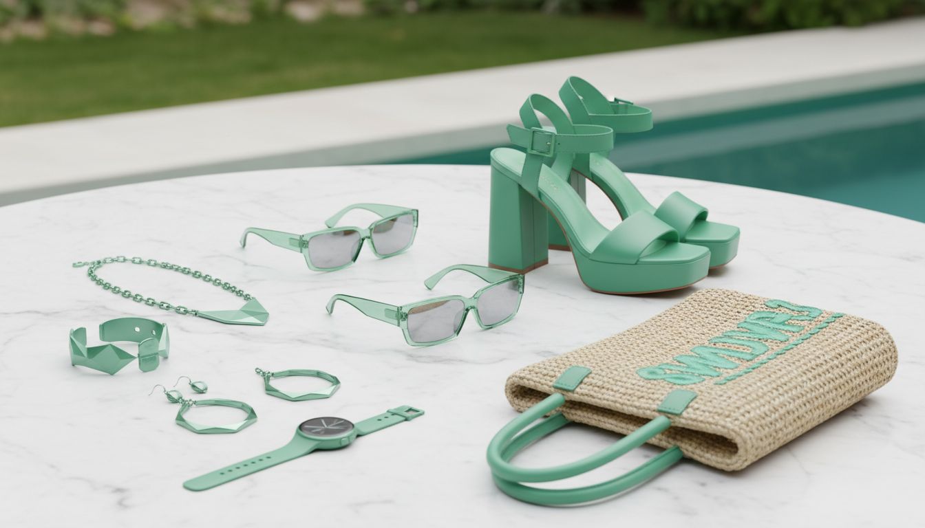 Коллекция различных летних аксессуаров - от солнцезащитных очков до украшений и обуви - выполненных в ярком техническом мятном зеленом цвете, демонстрирующая универсальность оттенка.