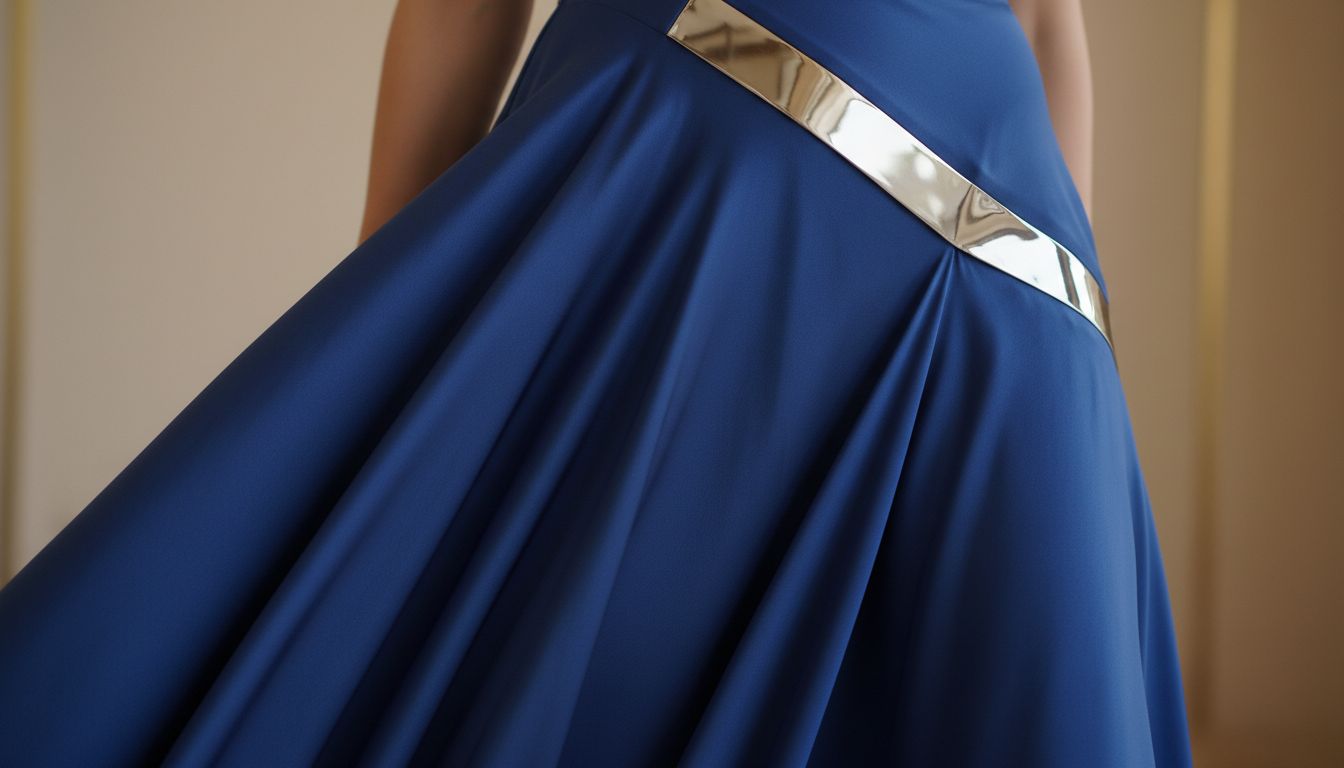 Крупный план металлической вставки в разрезе макси-юбки, демонстрирующий четкость линий и блеск материала на фоне струящейся ткани.