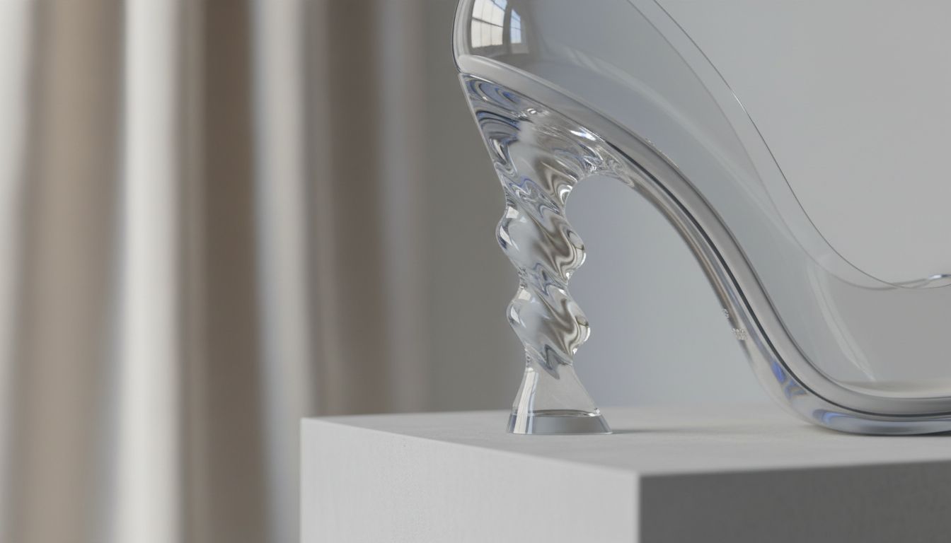 Крупный план скульптурного прозрачного каблука-волны, демонстрирующий его гладкую поверхность и уникальную форму.