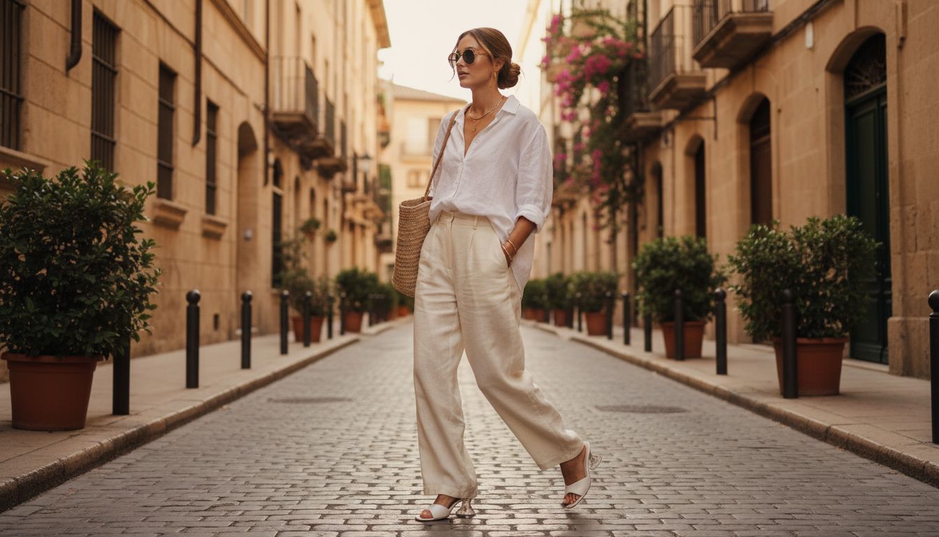 Модель в широких льняных брюках кремового цвета и сандалиях с прозрачным каблуком-волной, прогуливающаяся по городской улице.