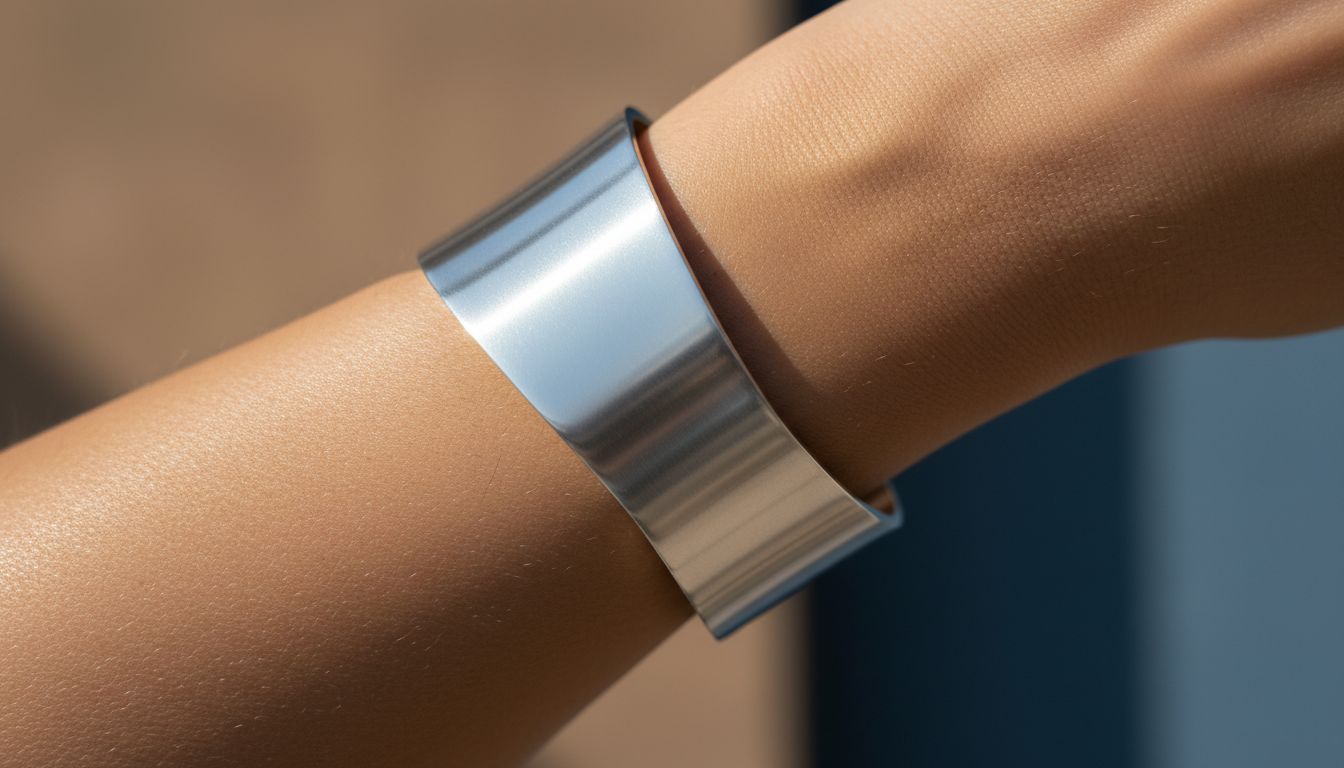 Крупный план полированной серебристой манжеты-браслета на бицепсе, демонстрирующей ее гладкую поверхность и строгую геометрическую форму.