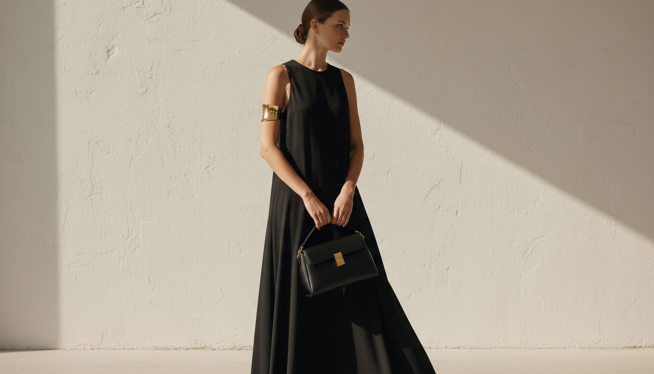 Модель в черном минималистичном платье-майке, демонстрирующая золотую жесткую манжету на бицепсе, дополненную структурированной сумкой.