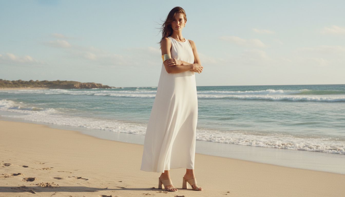 Девушка в белом платье-майке, демонстрирующая золотую манжету-браслет на бицепсе в сочетании с минималистичными мюлями на геометрическом каблуке.