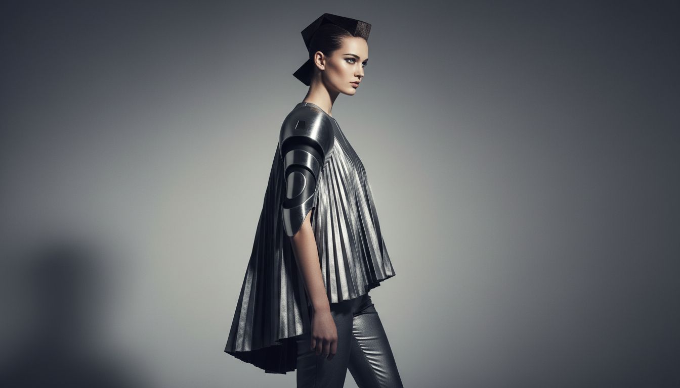 Модель в студийной съемке, демонстрирующая футуристический образ с жесткой манжетой на бицепсе, сфокусированный на силуэте и геометрии.