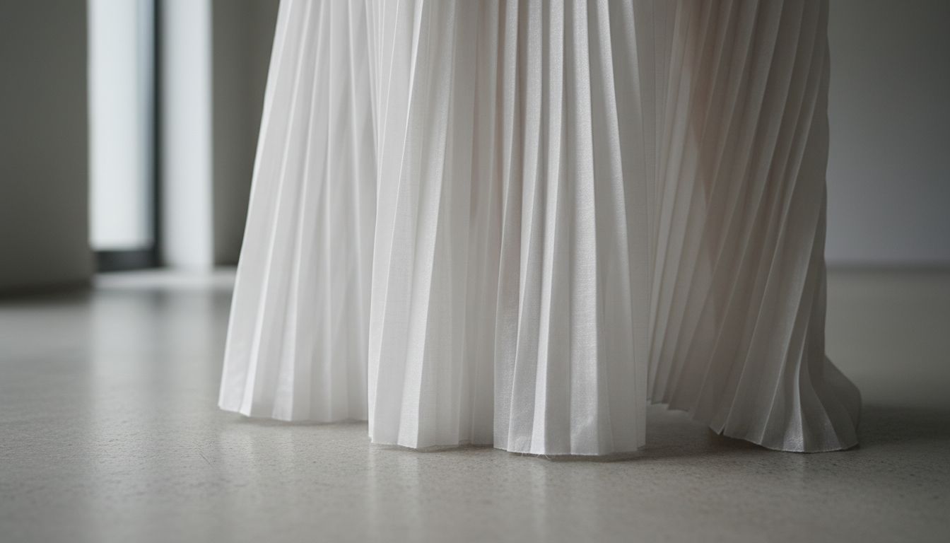 Детальный снимок плиссировки на полупрозрачном техническом муслине, демонстрирующий его формообразующую способность и игру света.
