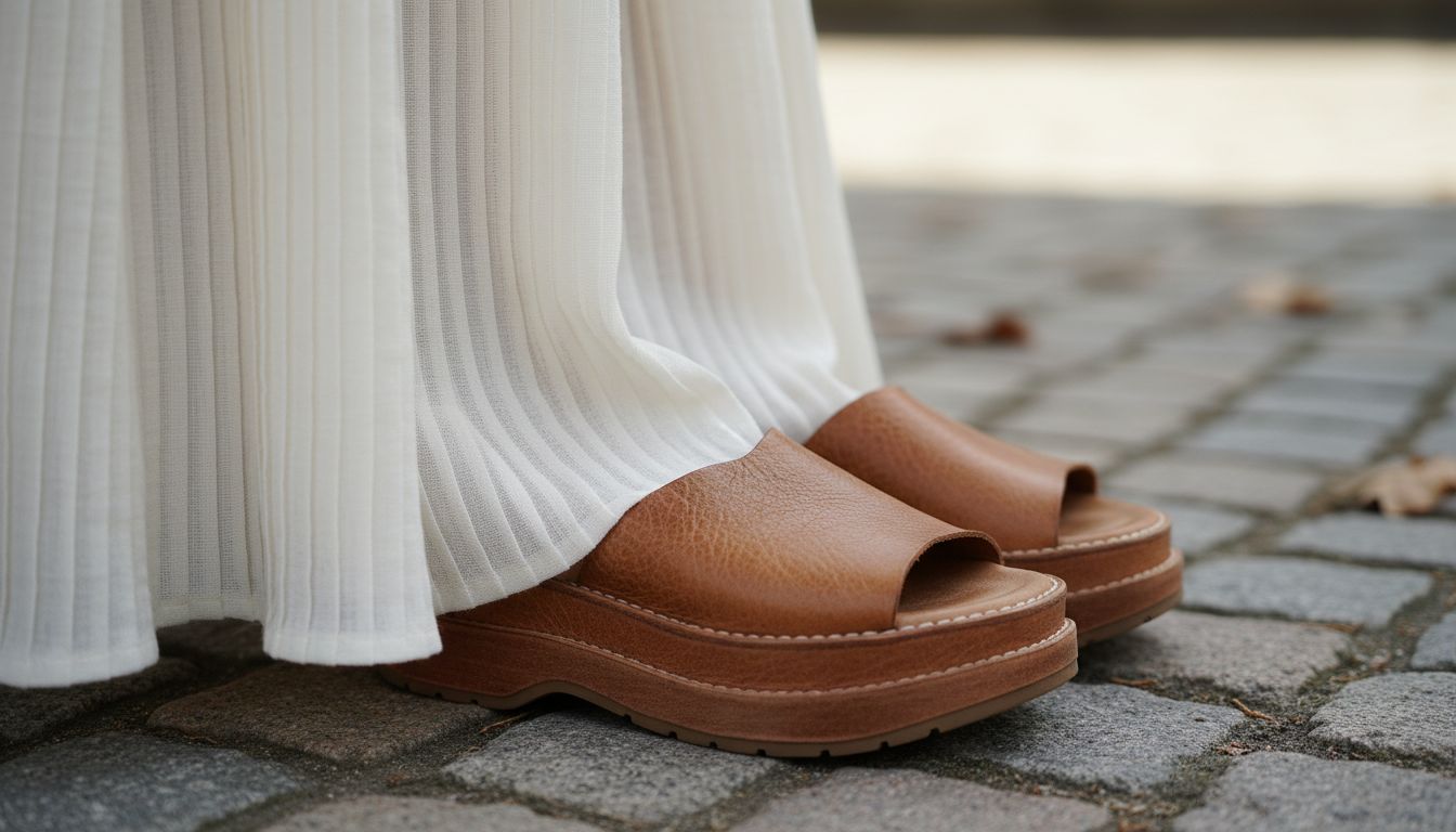 Крупный план грубых сандалий на массивной платформе из натуральной кожи, стоящих рядом с краем плиссированного муслинового платья.