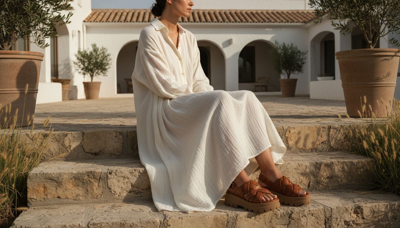 Модель в объемном платье-рубашке из муслина, сидящая на ступеньках, демонстрируя легкость ткани и массивность сандалий.