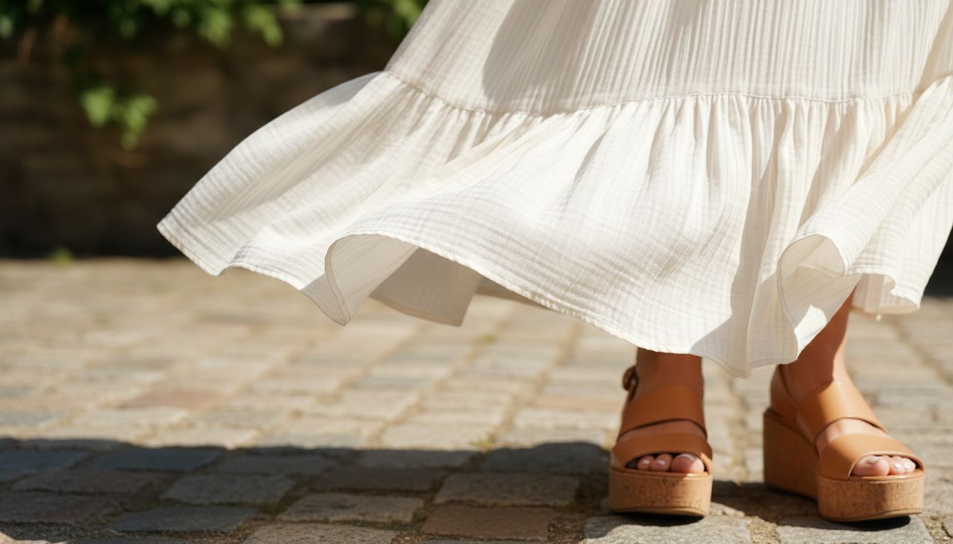 Детальный снимок подола платья из плиссированного муслина, развевающегося на ветру, и верхняя часть сандалий на платформе.