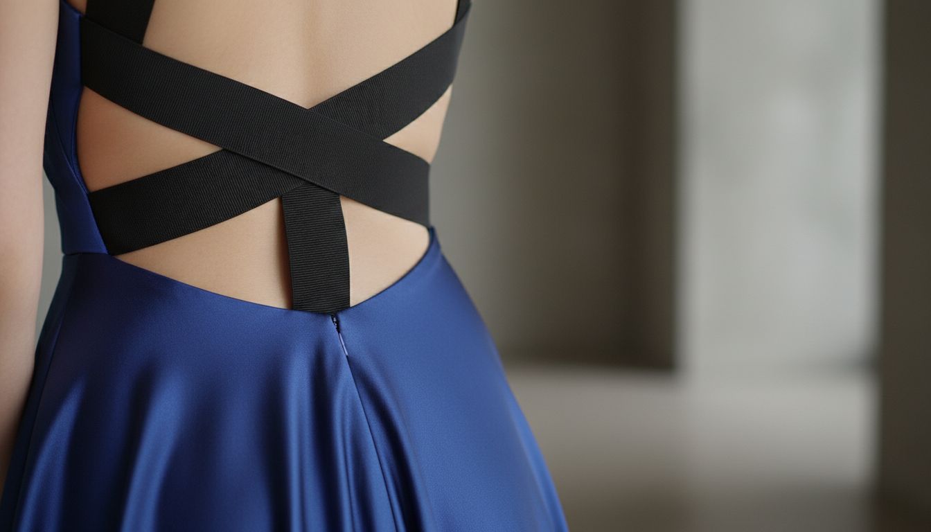 Детальный вид на жесткую ленту-перемычку на глубокой спине сатинового платья, подчеркивающую геометрию.