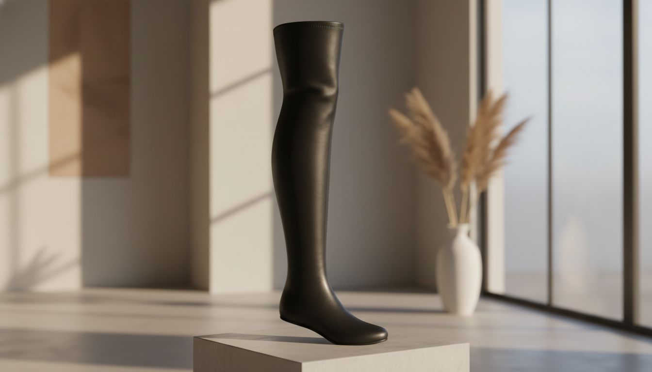 Детальный снимок высокой сапоги из эластичной кожи, подчеркивающий ее гладкую текстуру и облегающий силуэт.