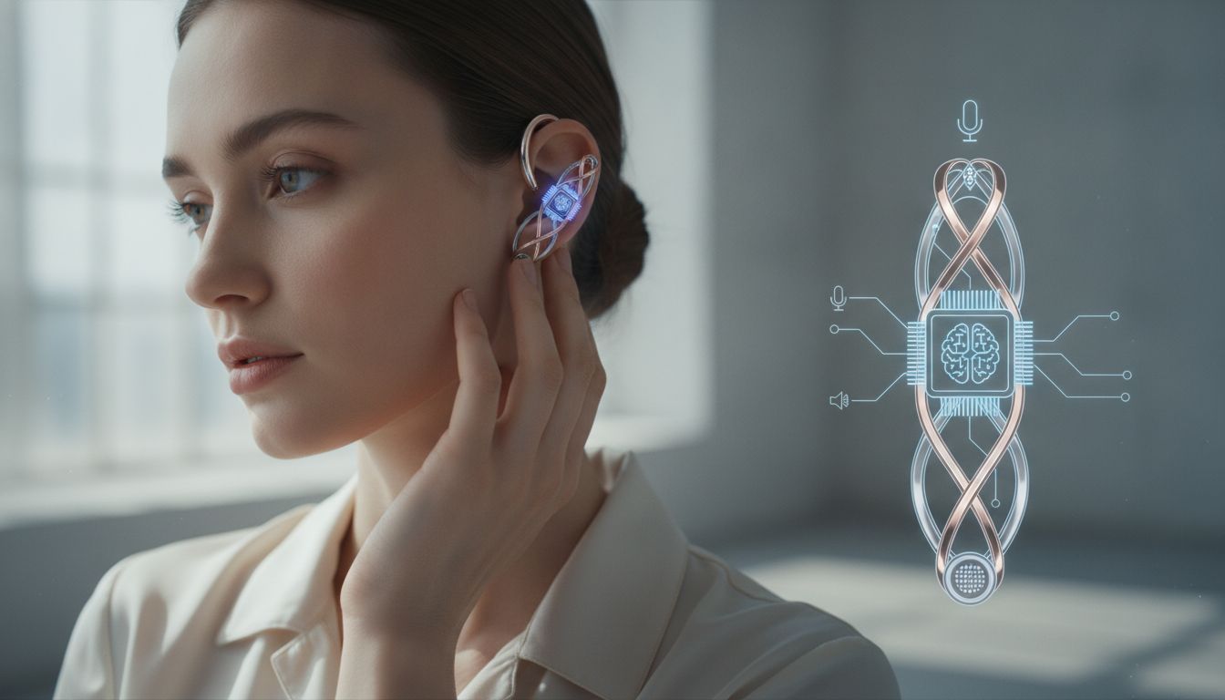Девушка демонстрирует крупным планом одну AI-серьгу, на которой виден футуристический, но изящный дизайн. Рядом – схематичное изображение, показывающее микрофон, динамик и AI-чип.
